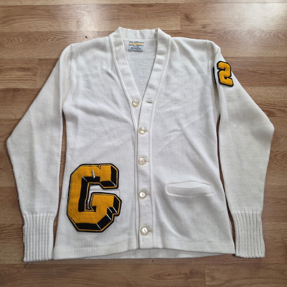 Vintage Bristol Letterman Cardigan Sweater Mens 38 White 90s Varsity G Patch 92